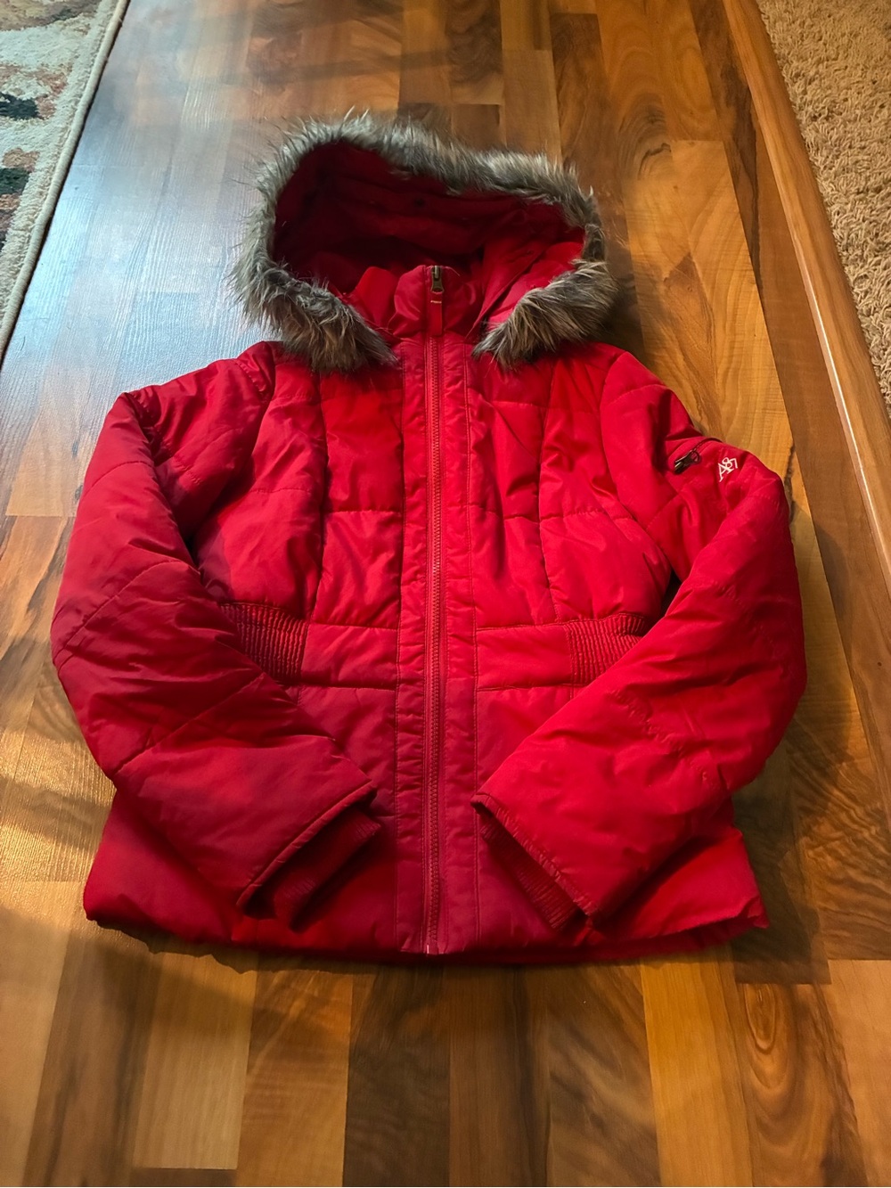 Aeropostale Girls' Bright Red Puffer Jacket with Faux Fur Hood Trim